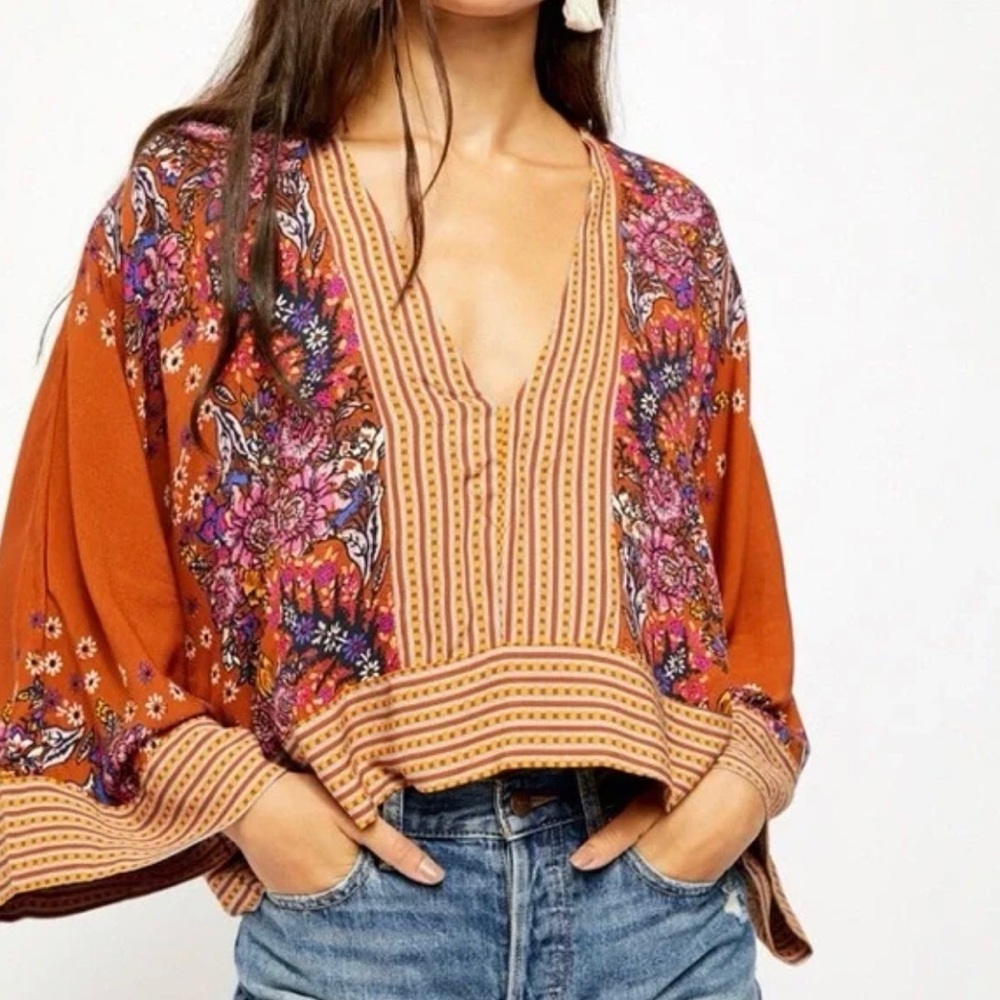 Free People Burnt Orange and Purple Floral Blouse